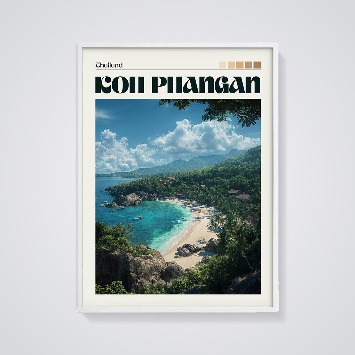 Koh Phangan Tropical Beach Print framed in white on a grey background