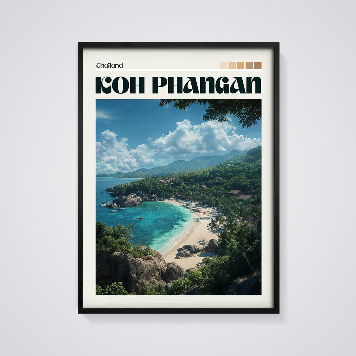Koh Phangan Tropical Beach Print framed in black on a grey background