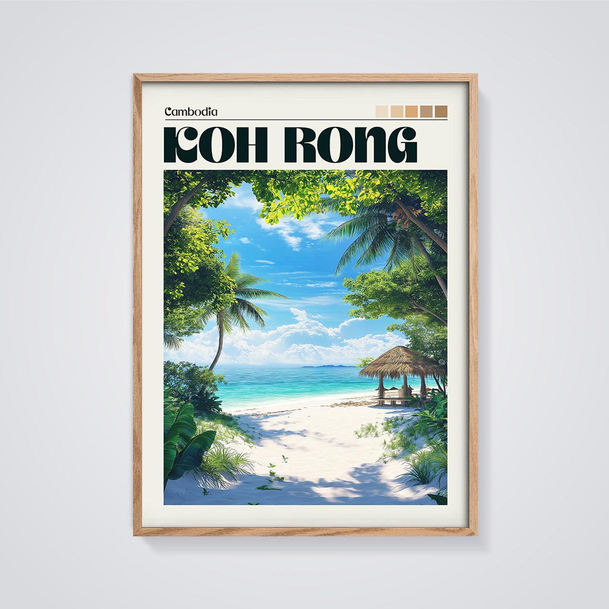 Koh Rong Cambodia Beach Print framed in oak on a grey background
