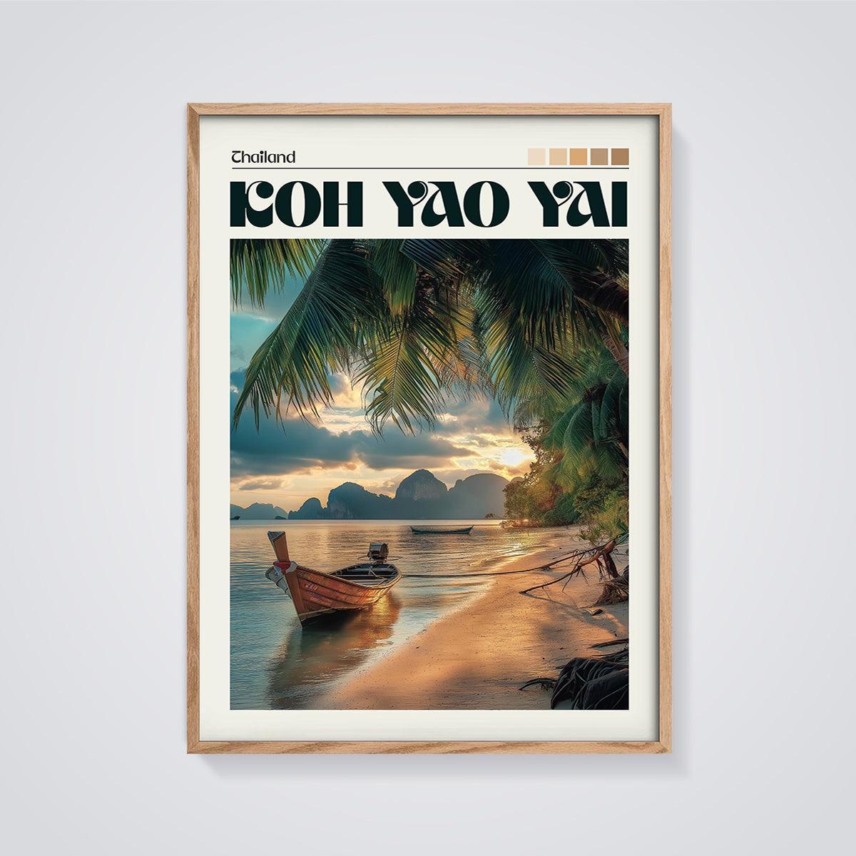Koh Yao Yai Sunset Boat Print framed in oak on a grey background