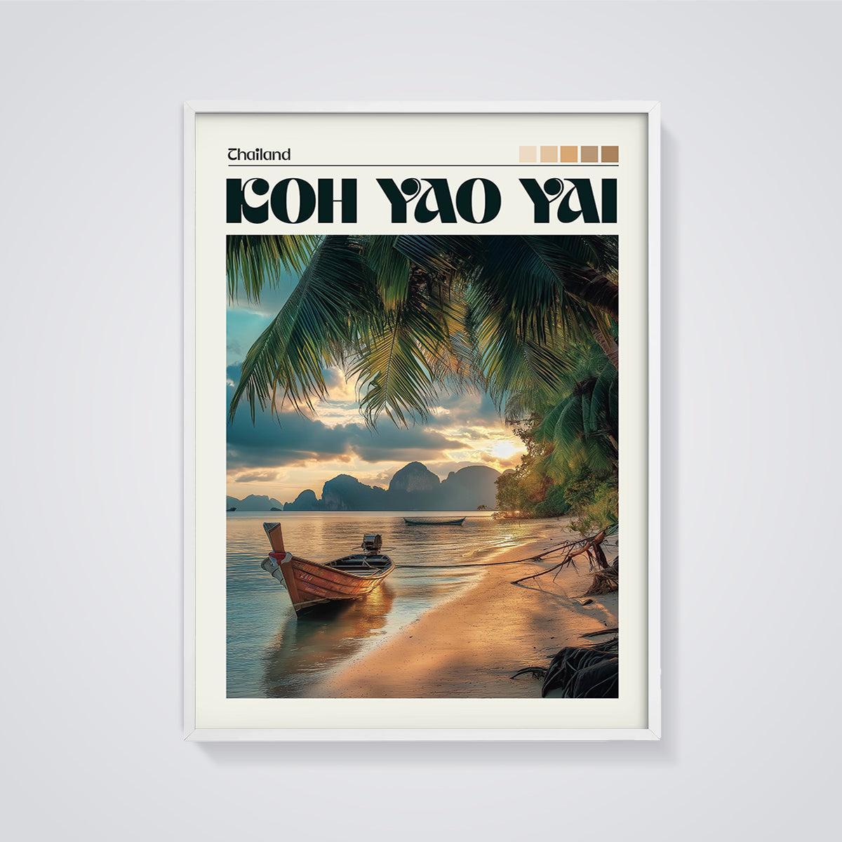Koh Yao Yai Sunset Boat Print framed in white on a grey background