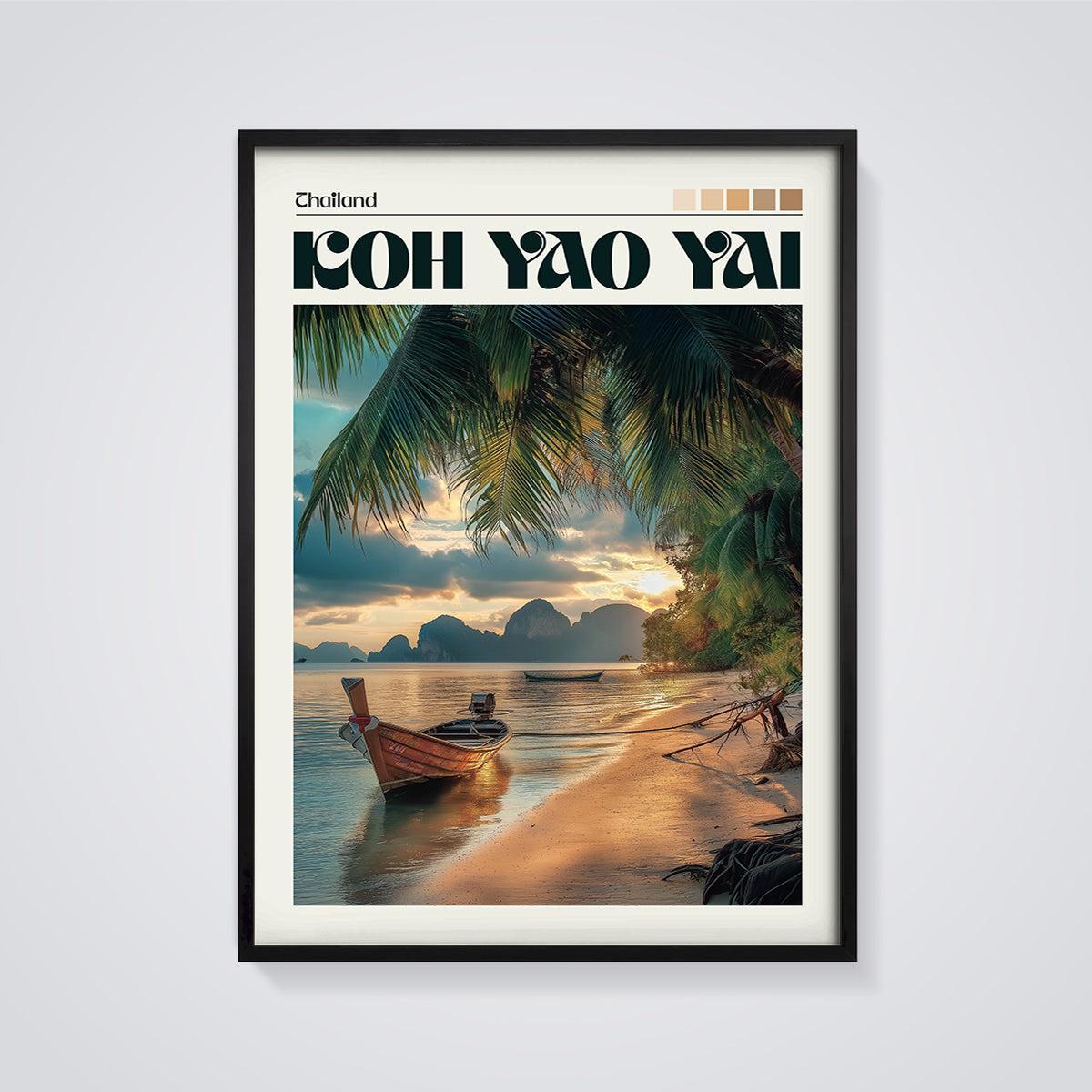 Koh Yao Yai Sunset Boat Print framed in black on a grey background
