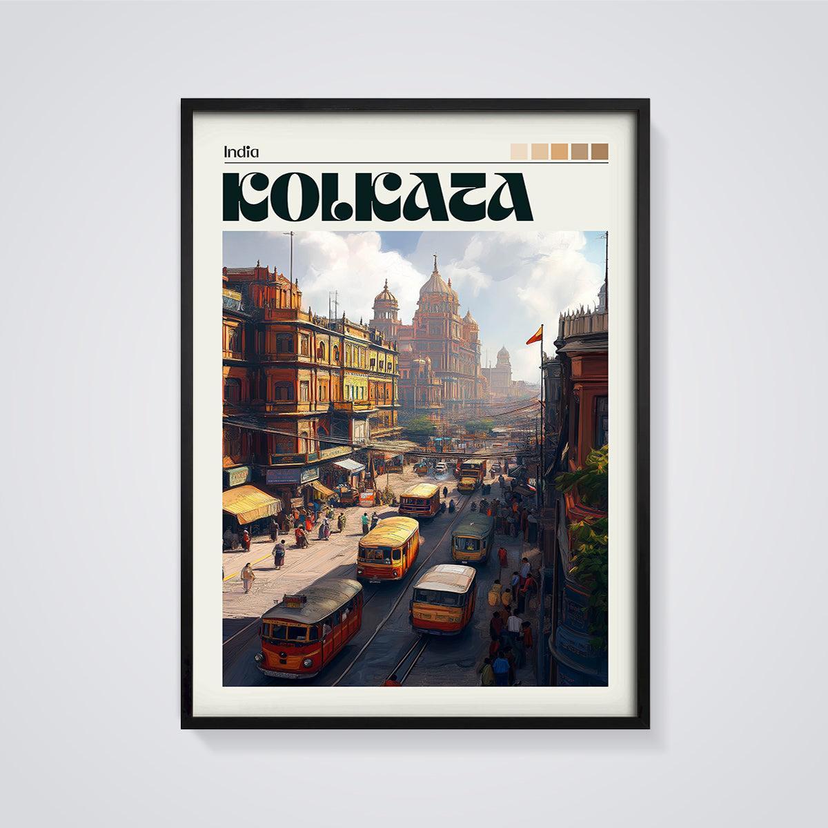Kolkata India Cityscape Print framed in black on a grey background
