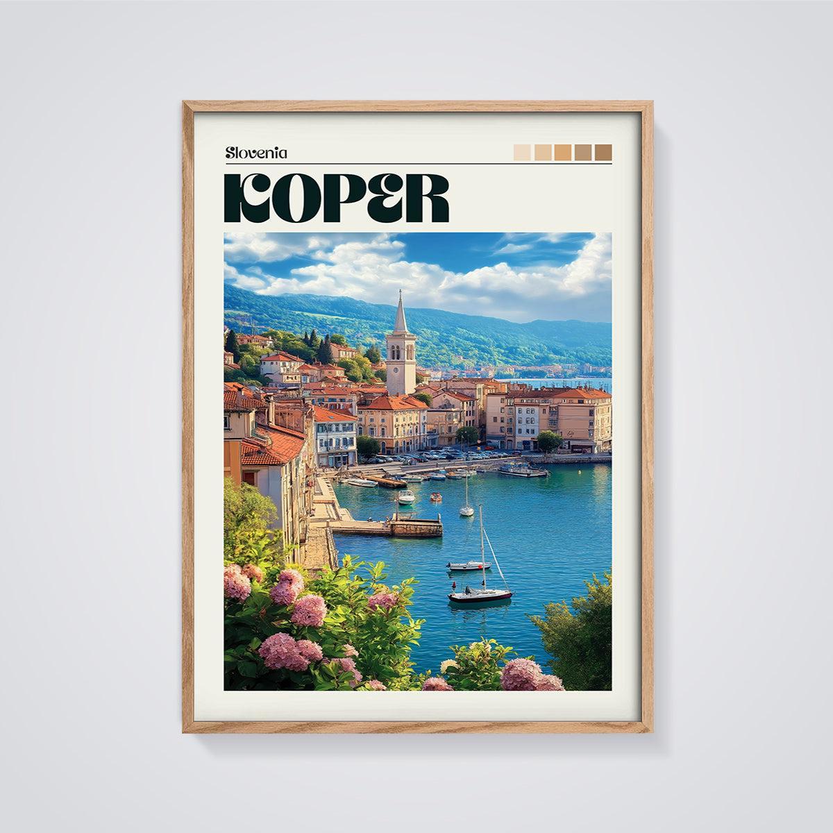 Koper, Slovenia Cityscape Print framed in oak on a grey background