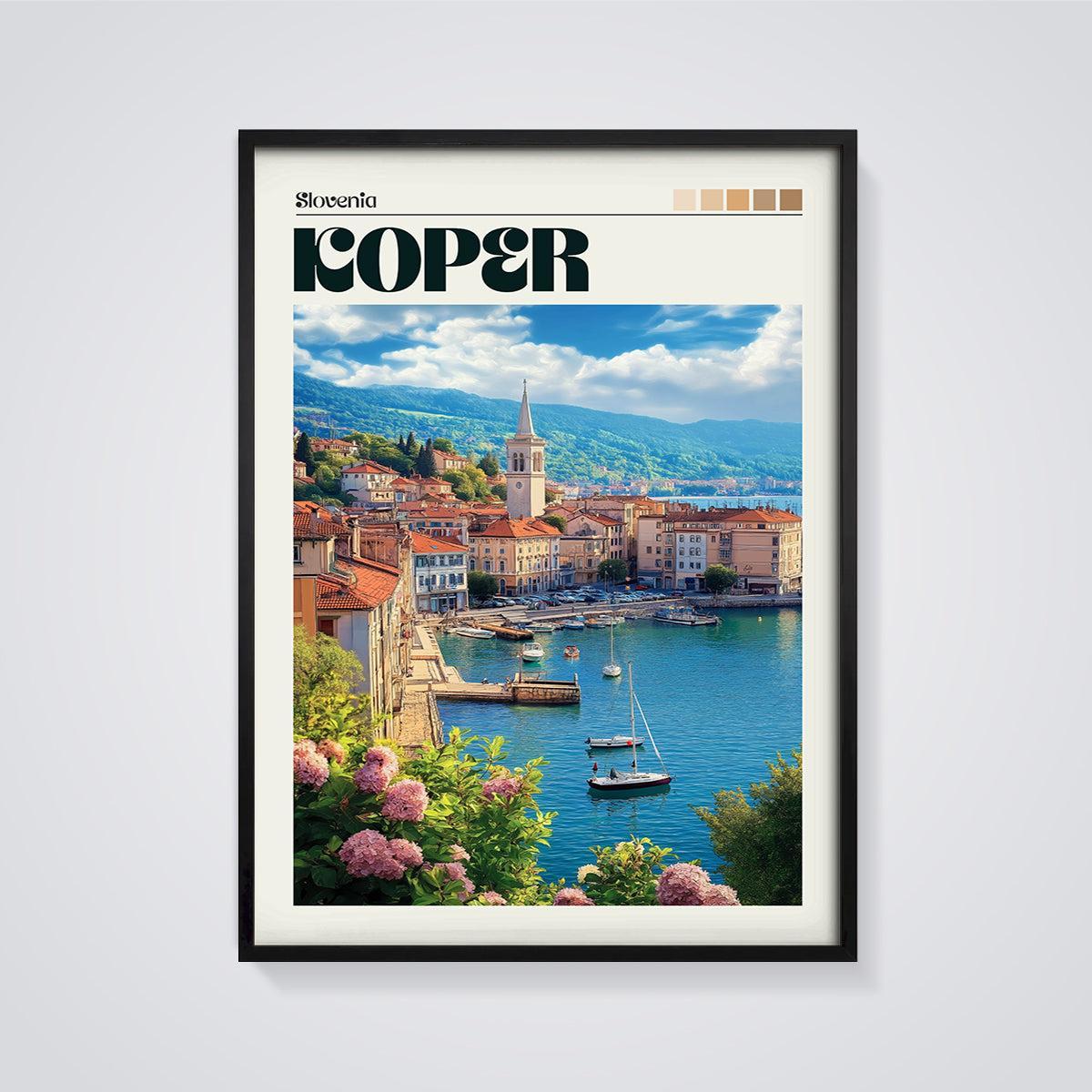 Koper, Slovenia Cityscape Print framed in black on a grey background
