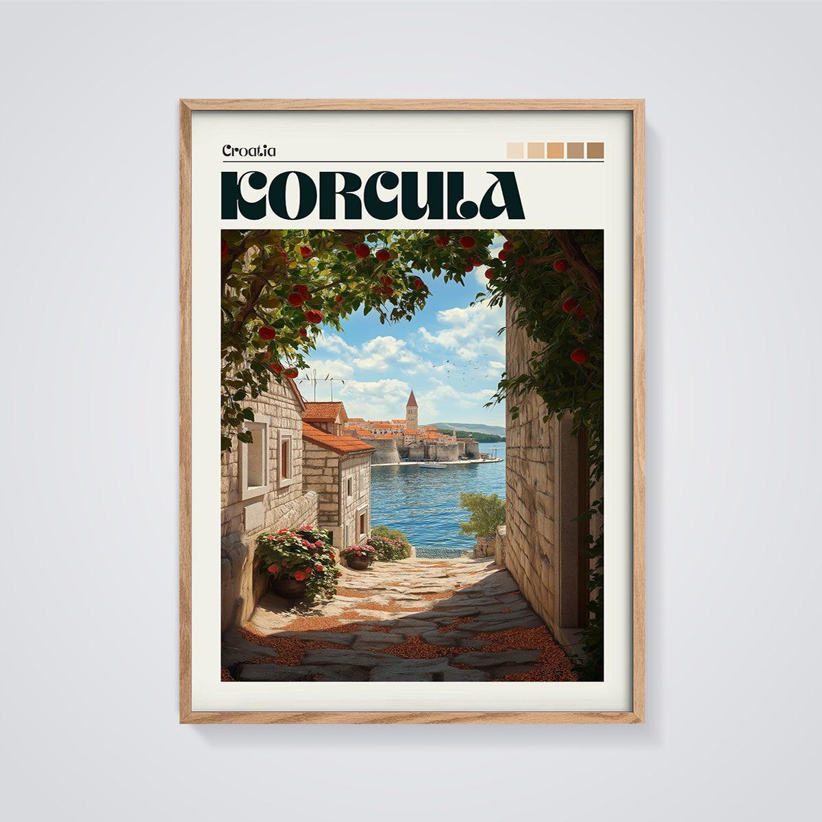 Korčula Old Town Alley Print framed in oak on a grey background