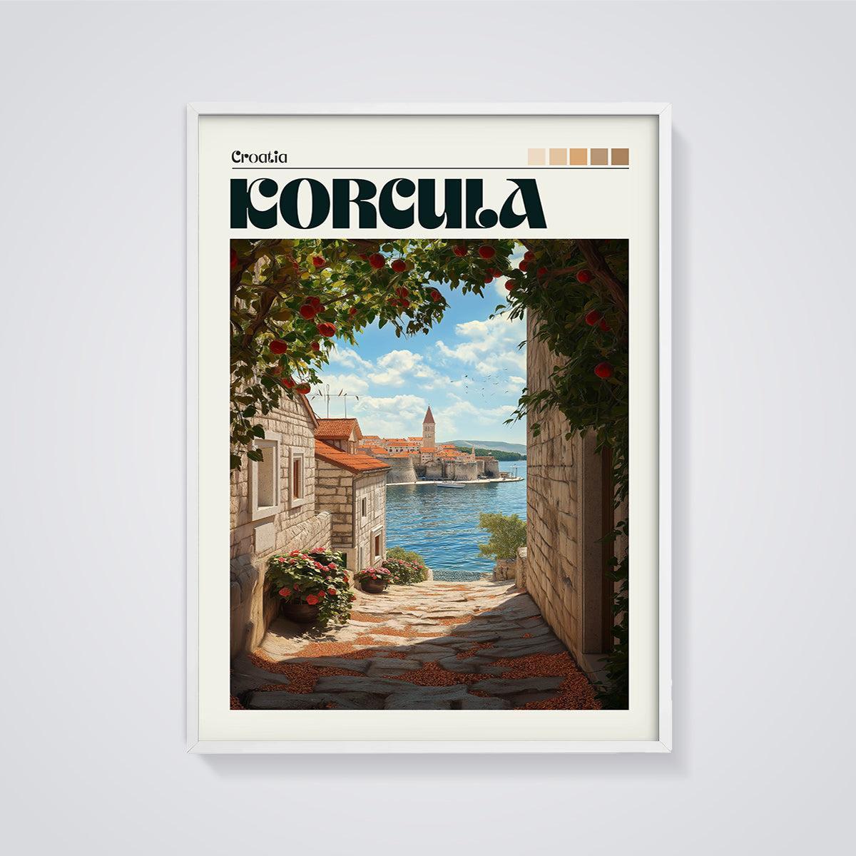 Korčula Old Town Alley Print framed in white on a grey background