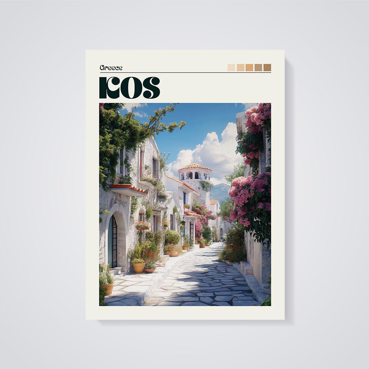 Kos Greece Village Street Print unframed on a grey background