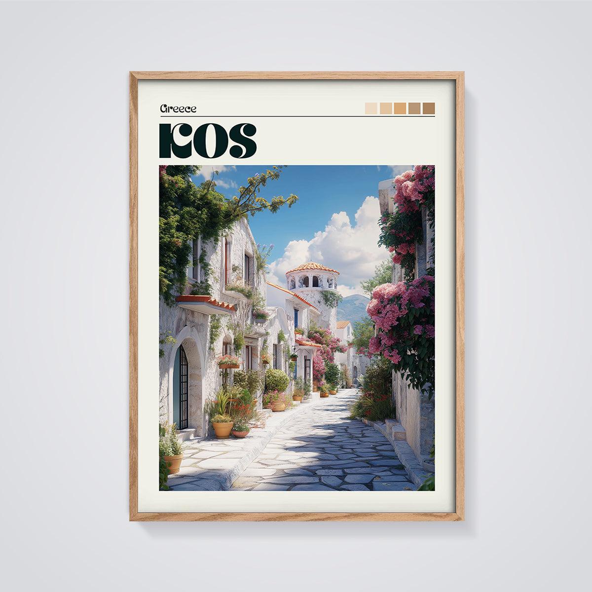 Kos Greece Village Street Print framed in oak on a grey background