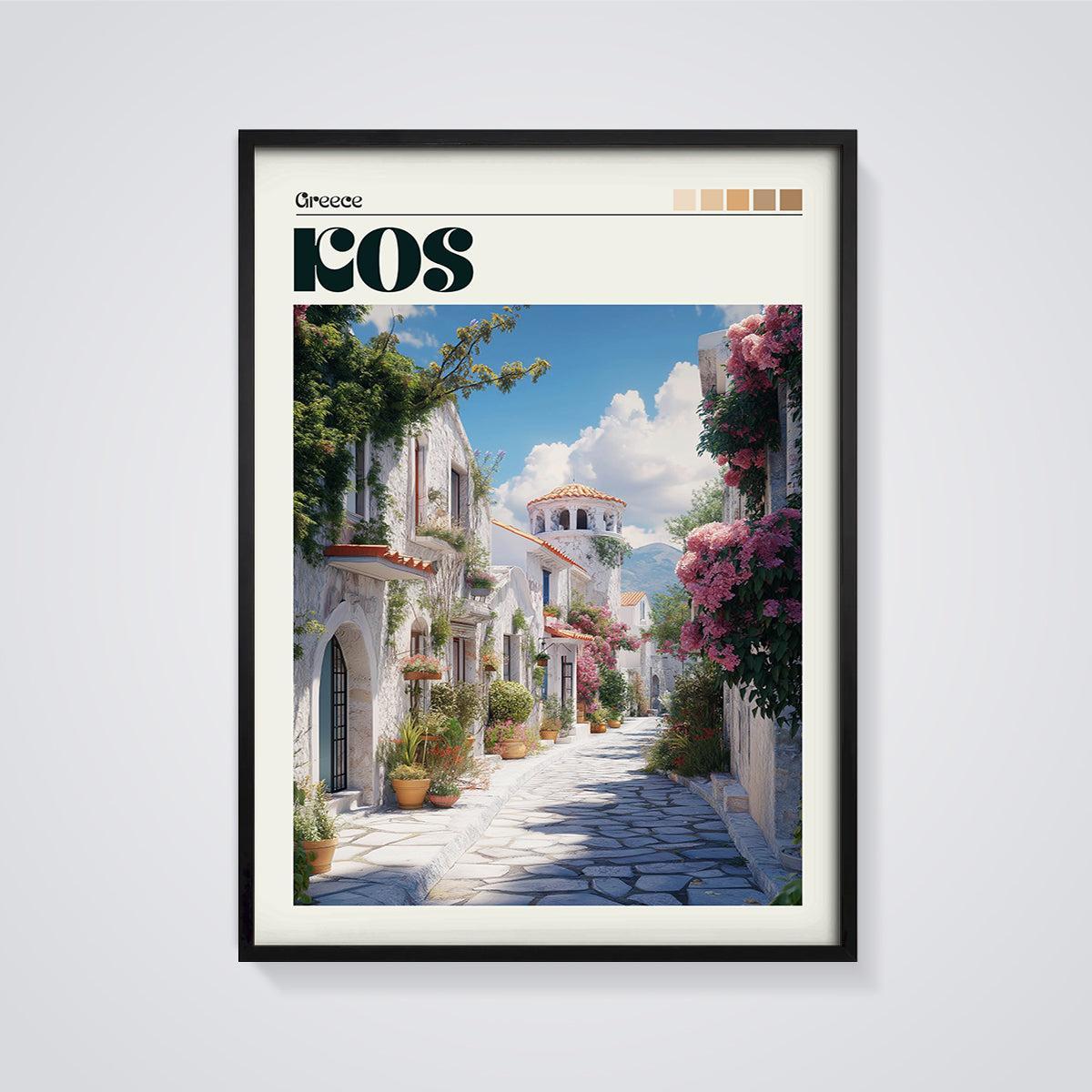 Kos Greece Village Street Print framed in black on a grey background
