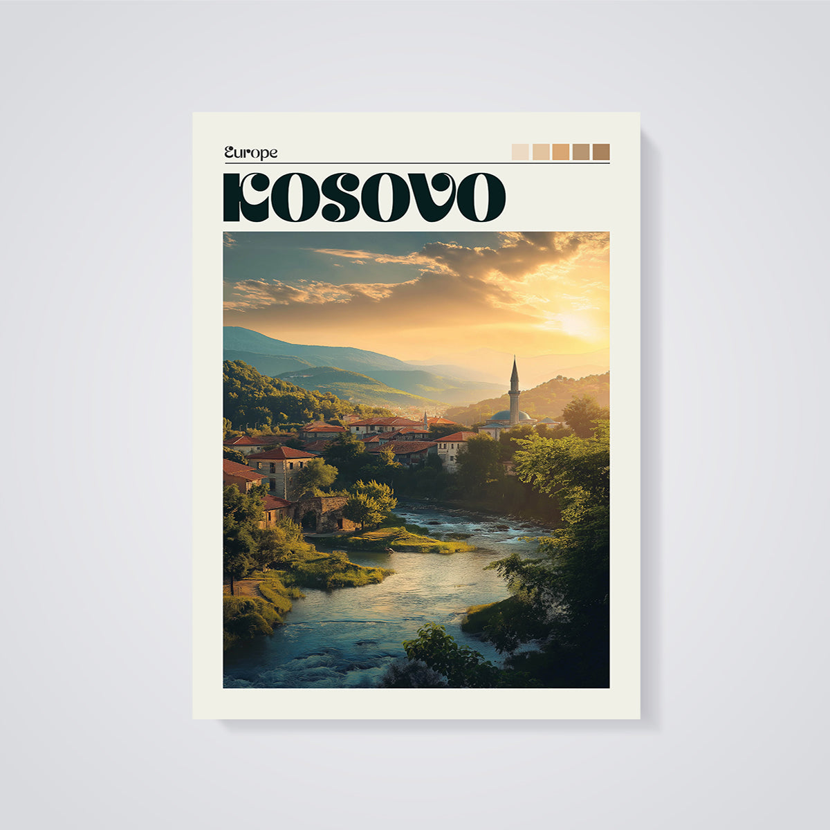 Kosovo River Sunset Print unframed on a grey background