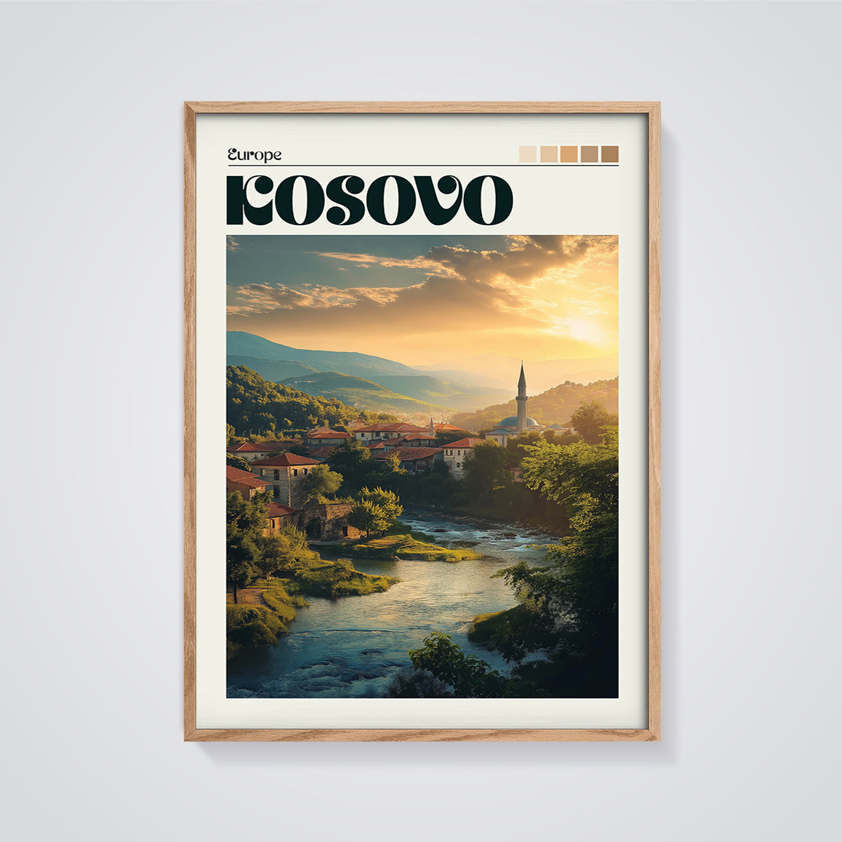 Kosovo River Sunset Print framed in oak on a grey background
