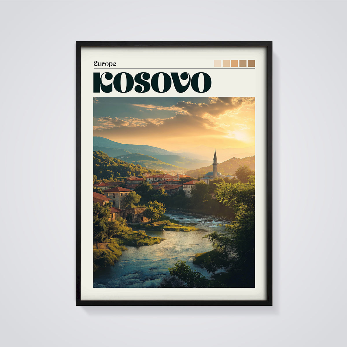 Kosovo River Sunset Print framed in black on a grey background