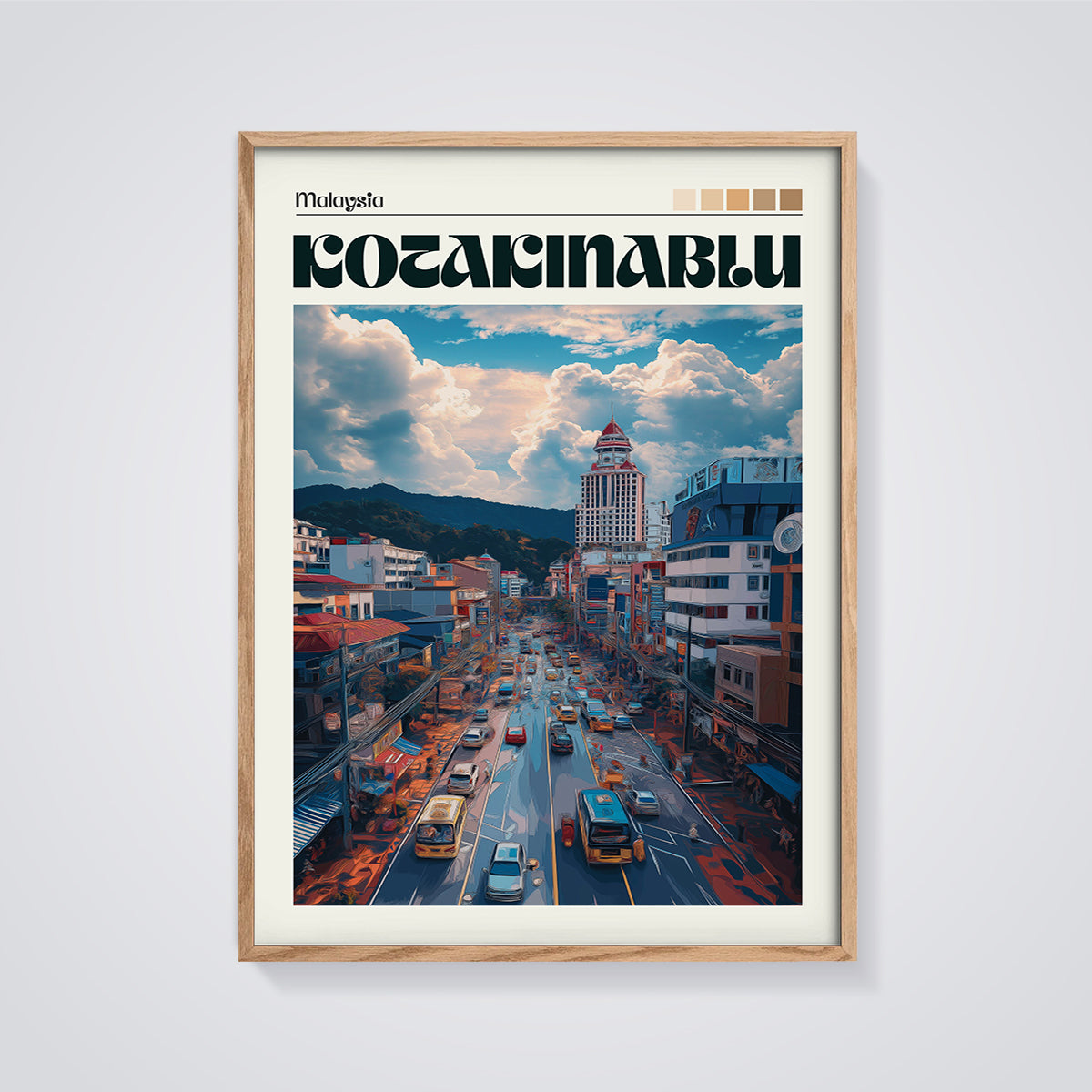 Kota Kinabalu Cityscape Print framed in oak on a grey background