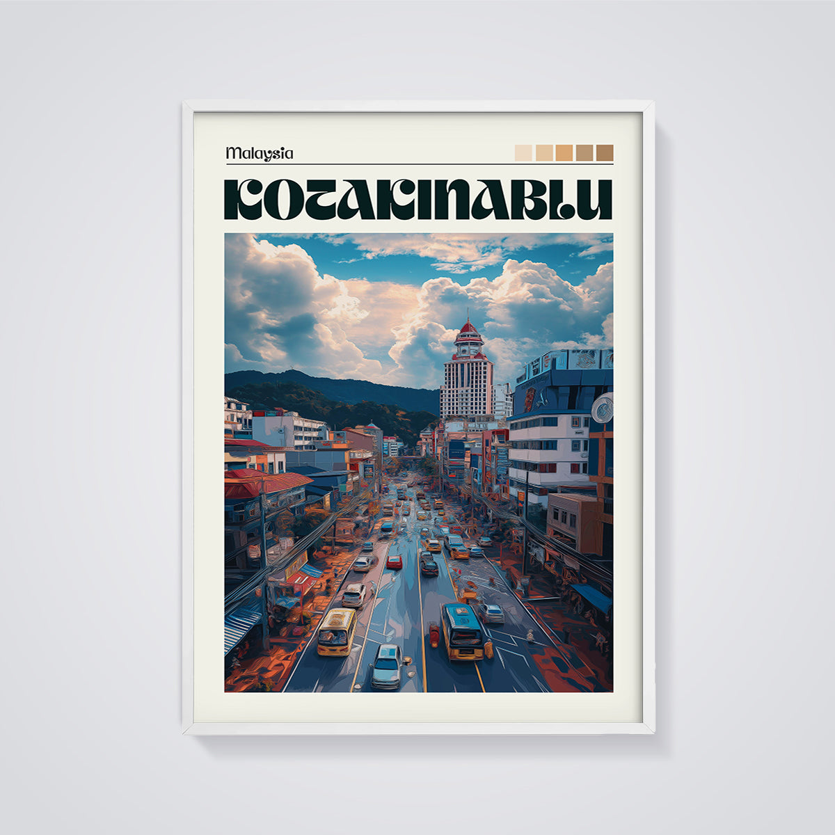 Kota Kinabalu Cityscape Print framed in white on a grey background