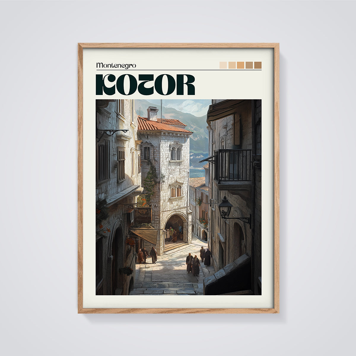 Kotor Old Town Street Print framed in oak on a grey background