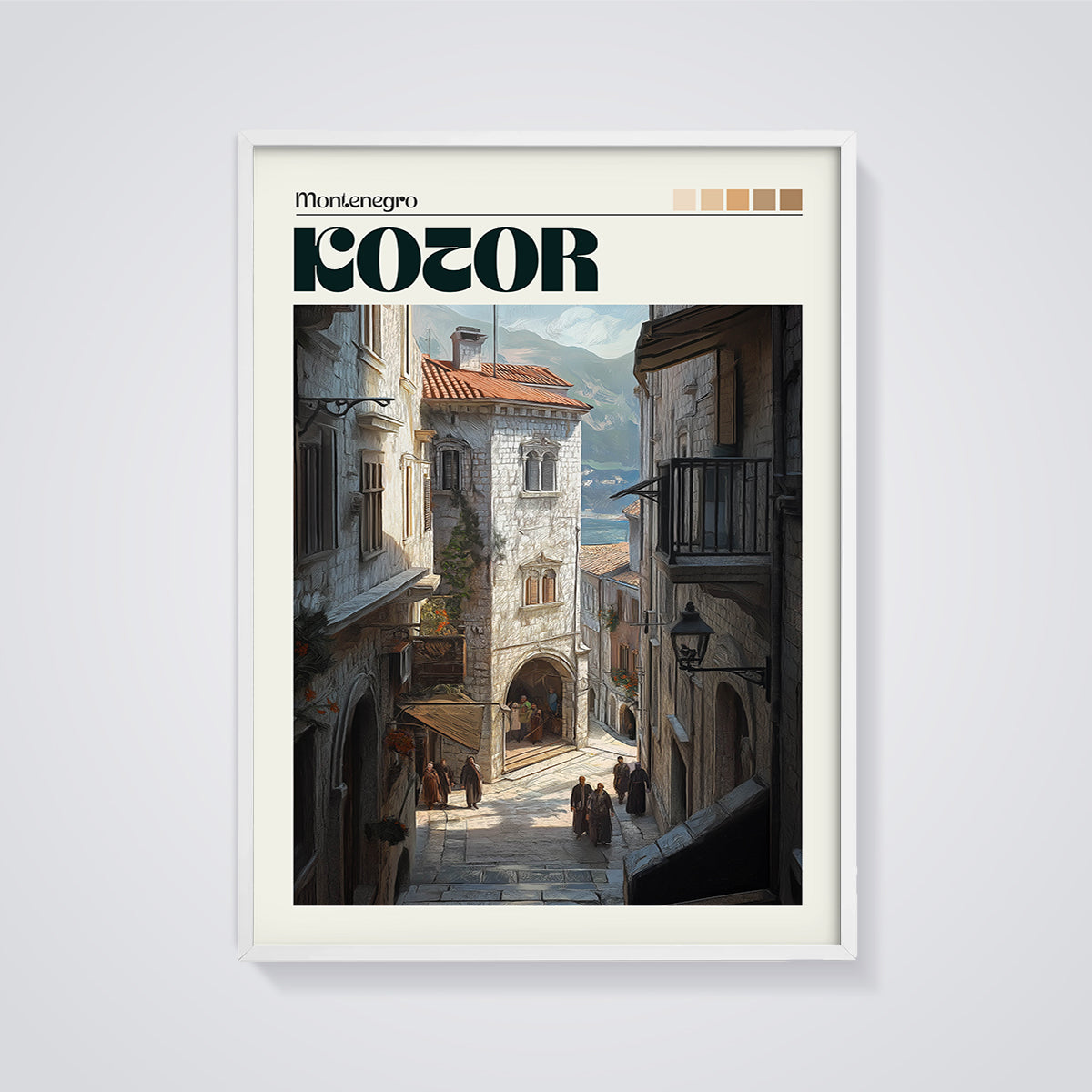 Kotor Old Town Street Print framed in white on a grey background