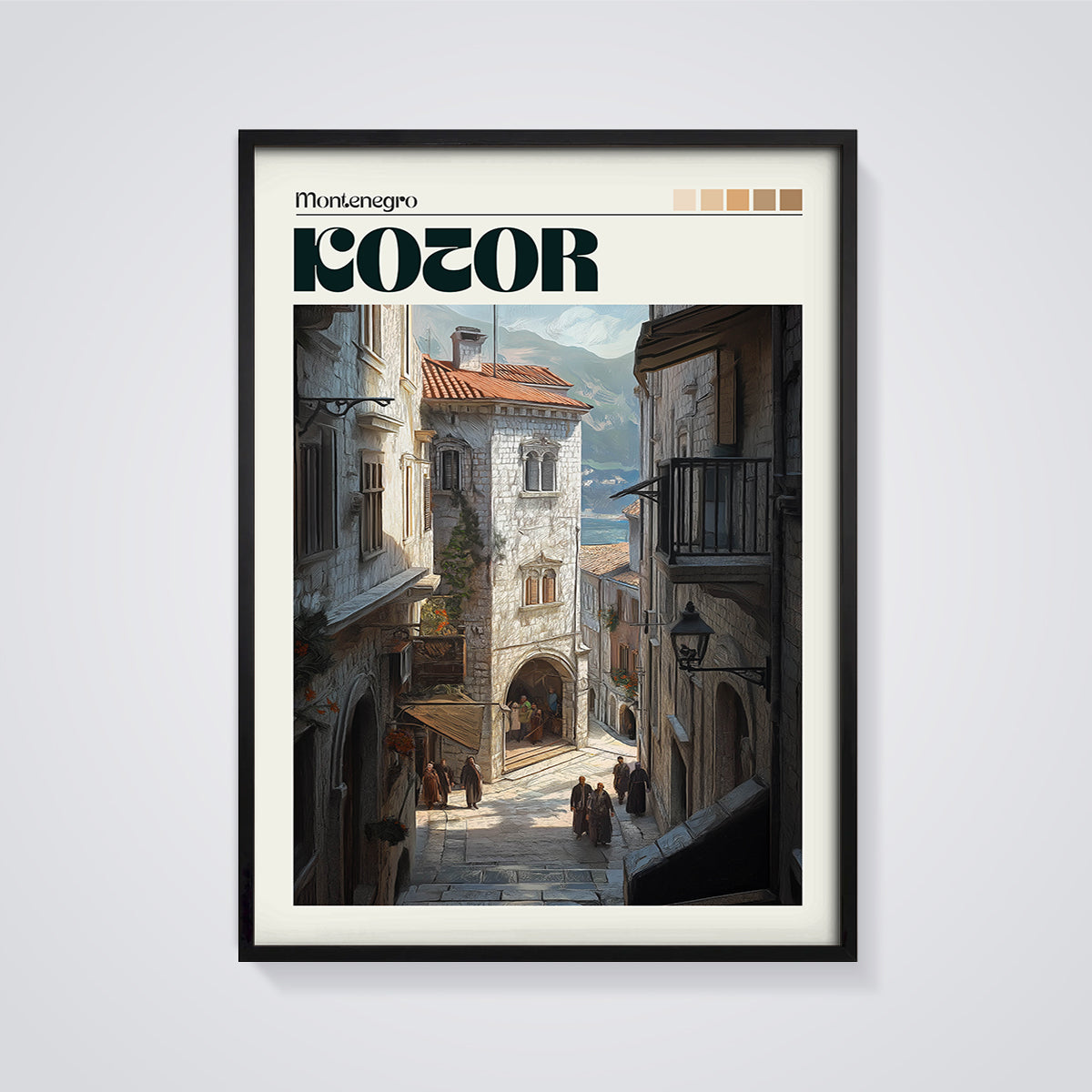 Kotor Old Town Street Print framed in black on a grey background