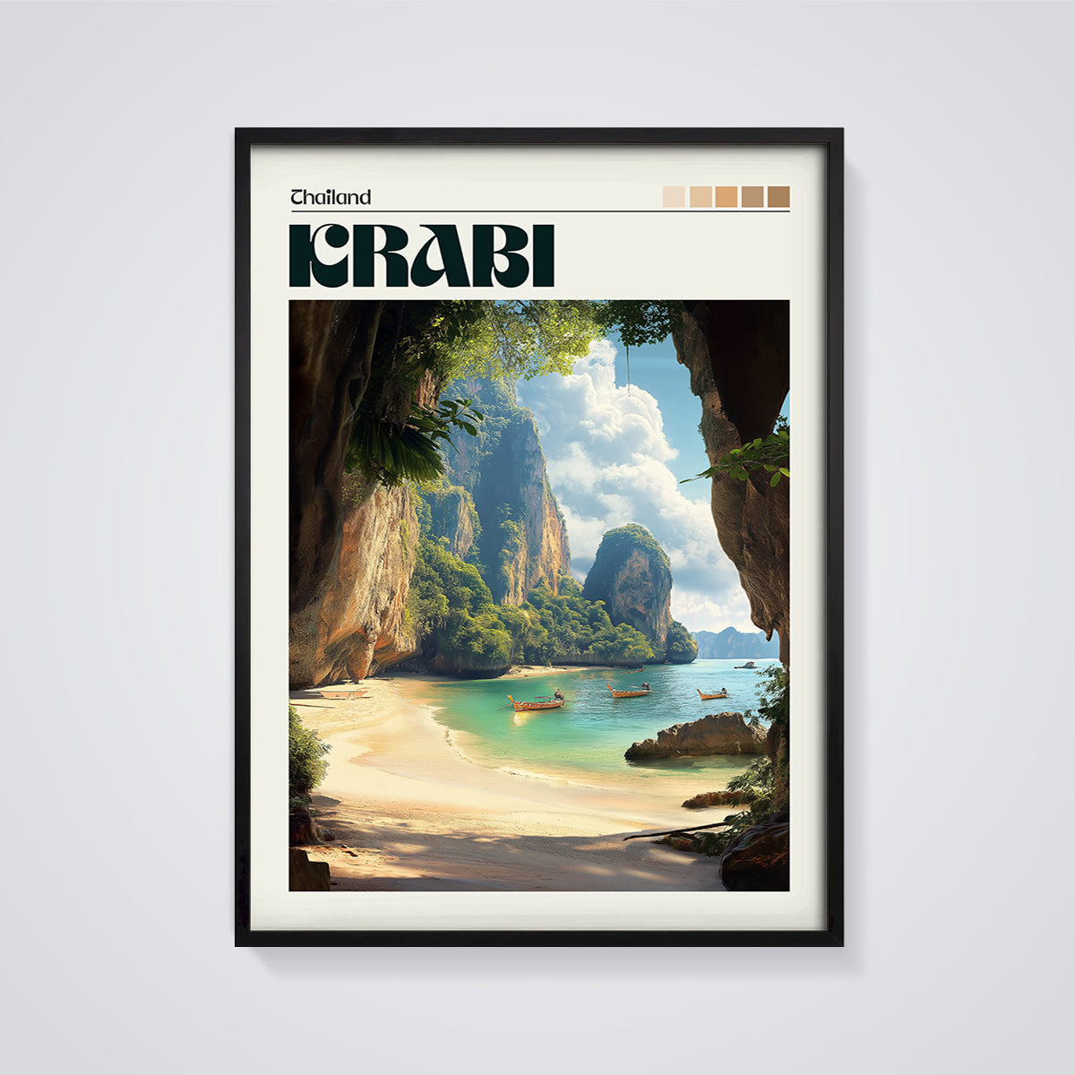 Krabi, Thailand Beach Print framed in black on a grey background