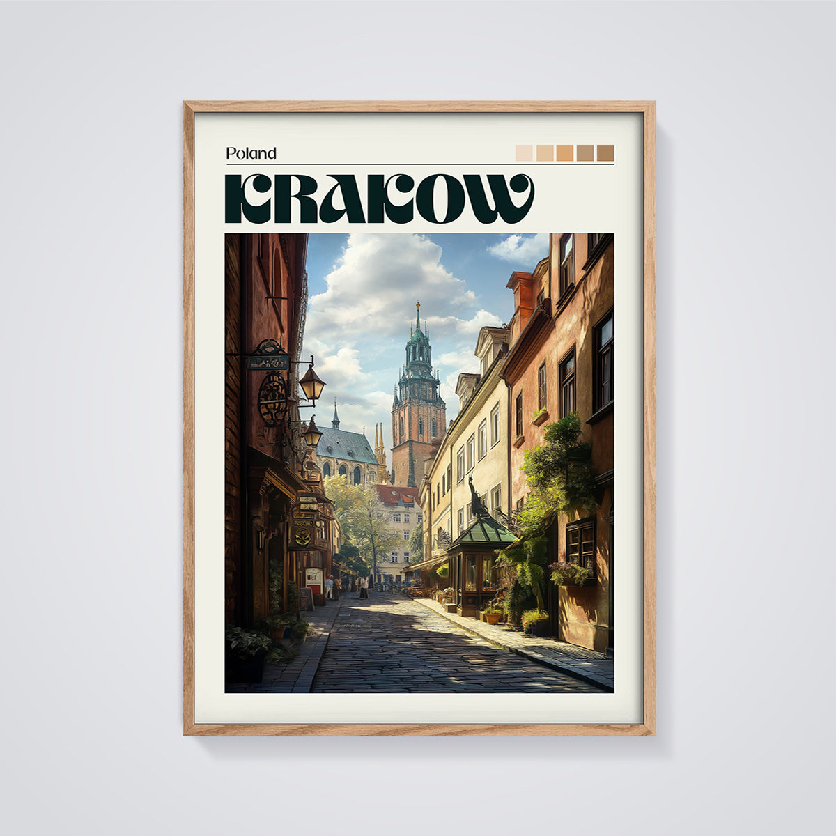 Krakow Old Town Street Print framed in oak on a grey background