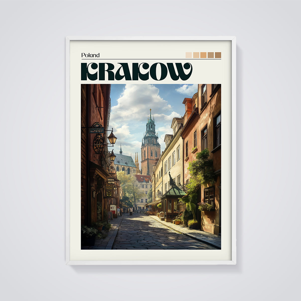 Krakow Old Town Street Print framed in white on a grey background