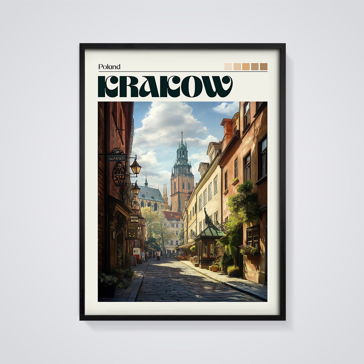 Krakow Old Town Street Print framed in black on a grey background