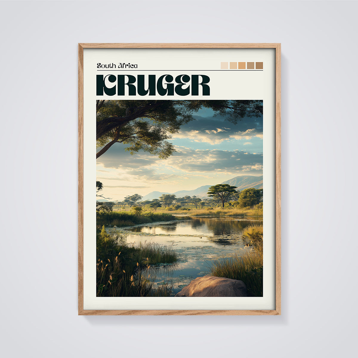 Kruger Park River Landscape Print framed in oak on a grey background