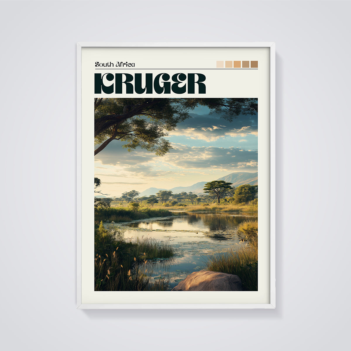 Kruger Park River Landscape Print framed in white on a grey background