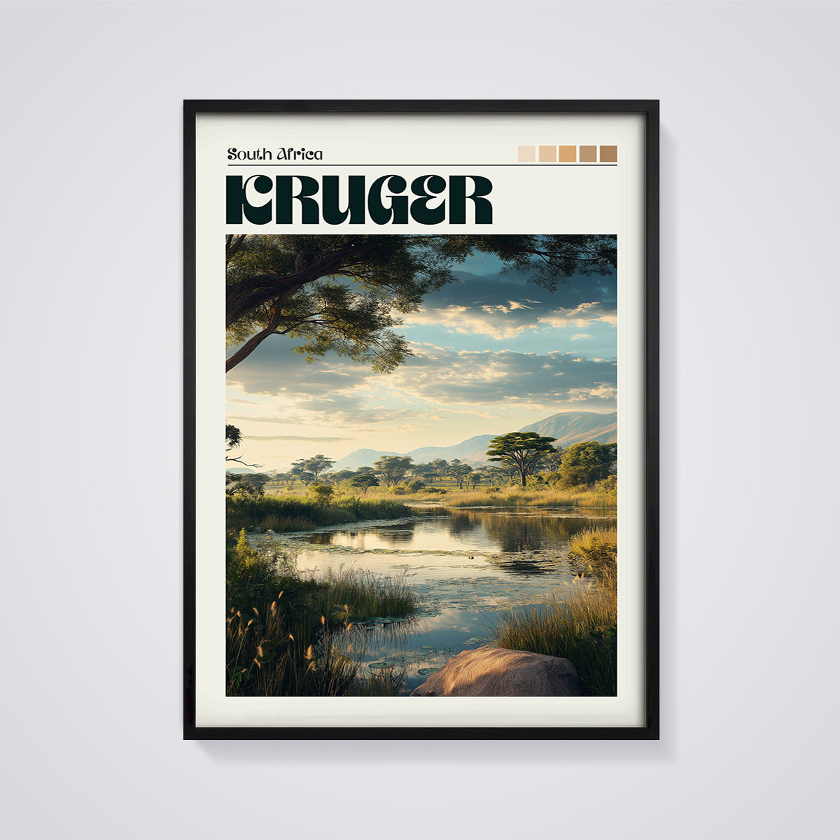 Kruger Park River Landscape Print framed in black on a grey background