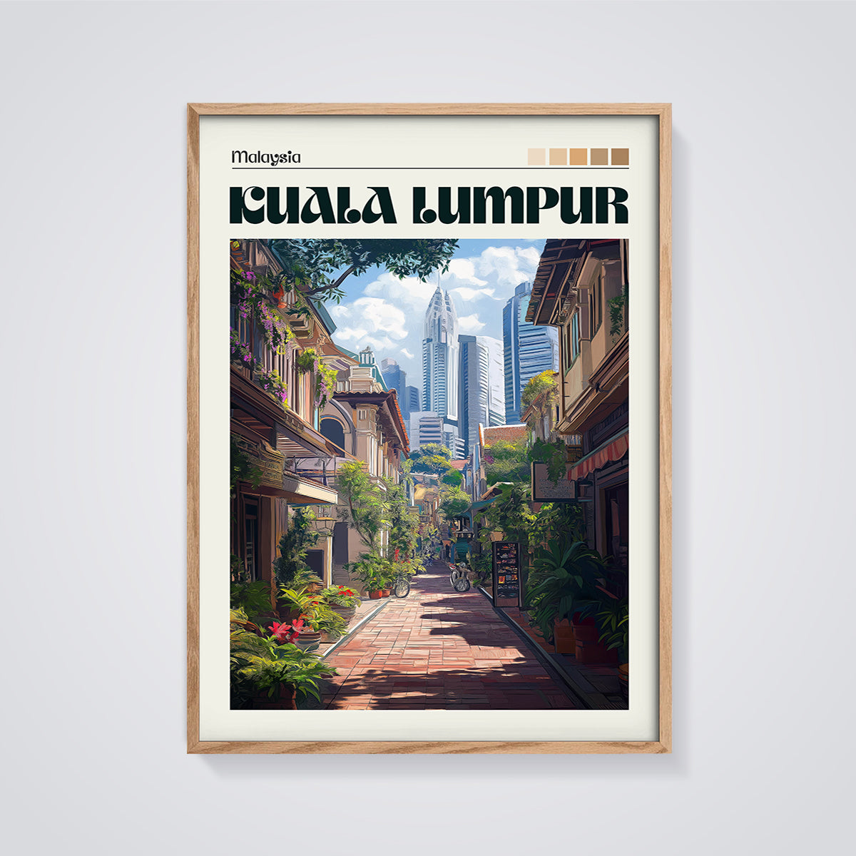 Kuala Lumpur Alleyway Print framed in oak on a grey background