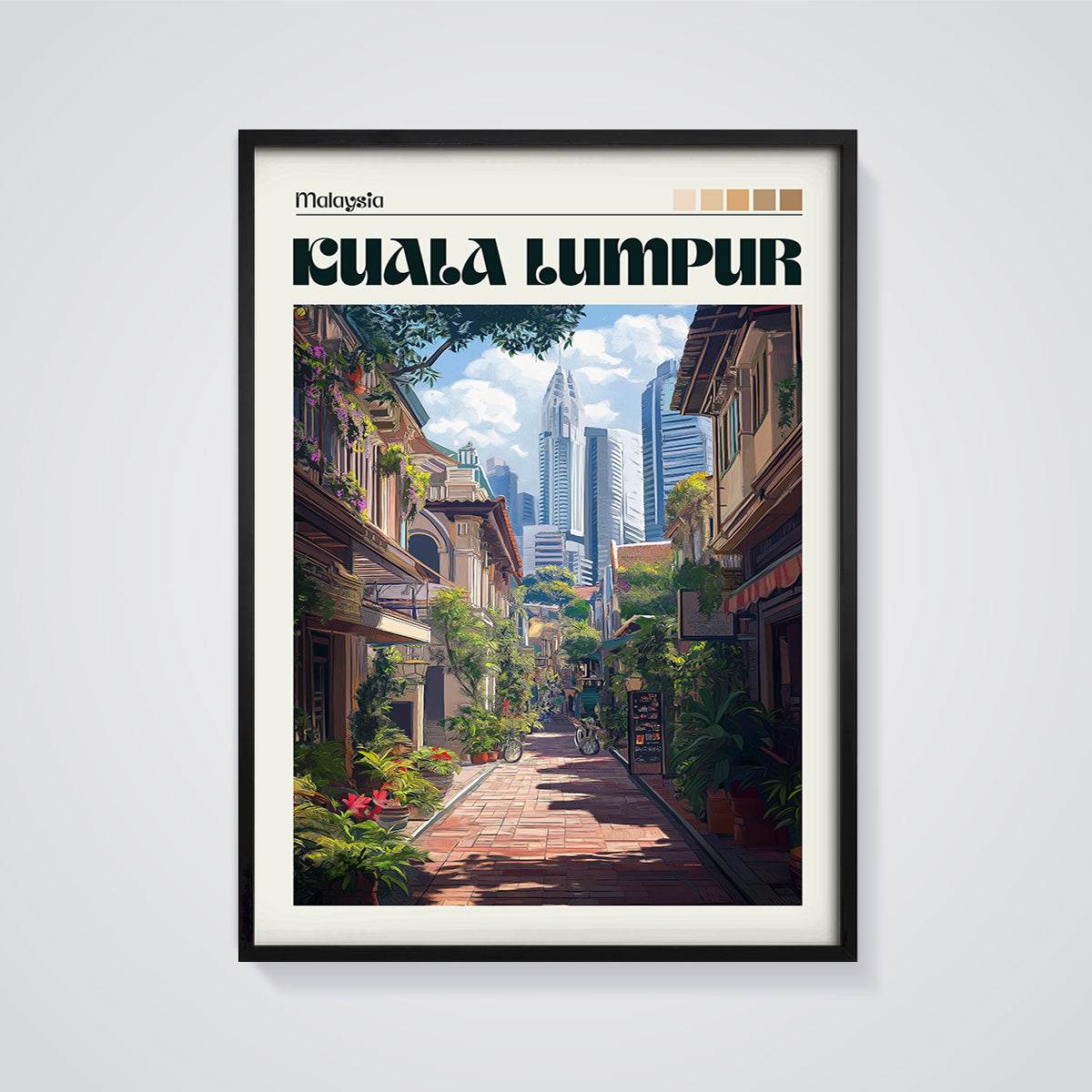 Kuala Lumpur Alleyway Print framed in black on a grey background