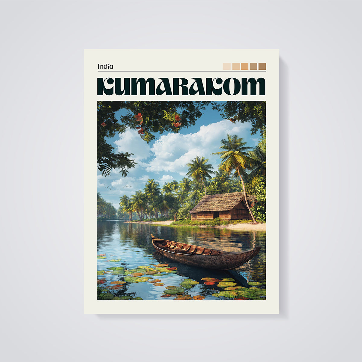 Kumarakom India Backwaters Print unframed on a grey background