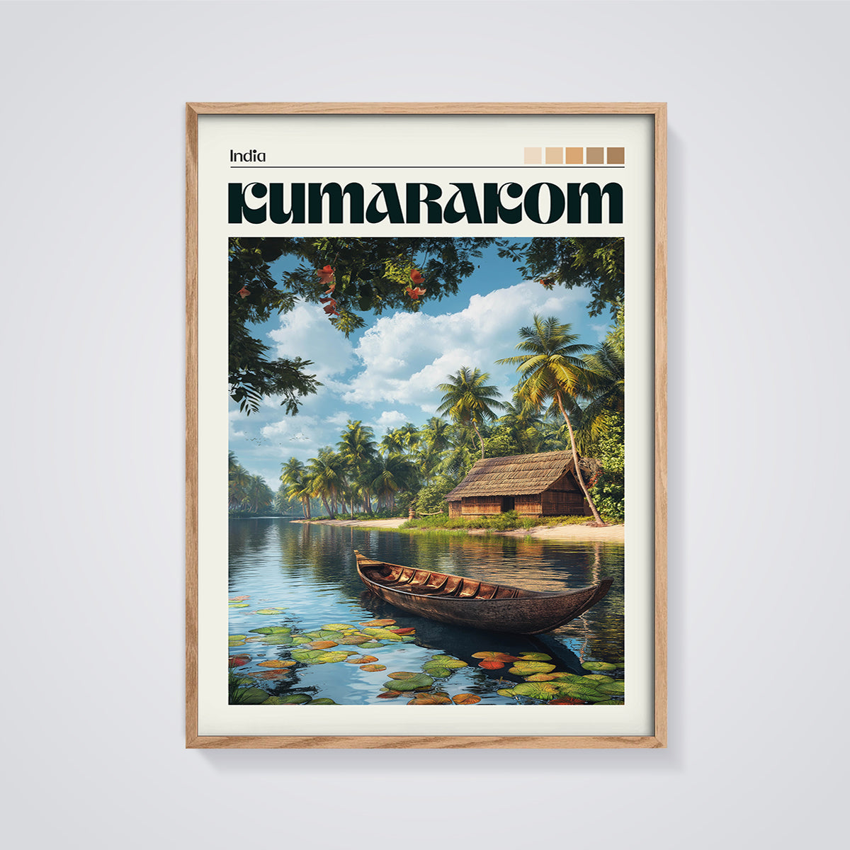 Kumarakom India Backwaters Print framed in oak on a grey background
