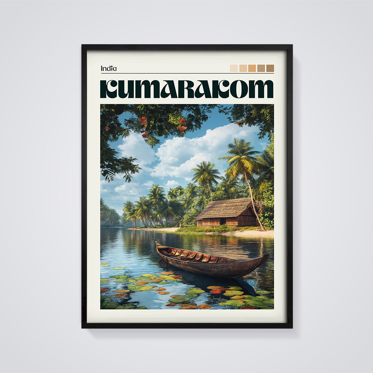 Kumarakom India Backwaters Print framed in black on a grey background