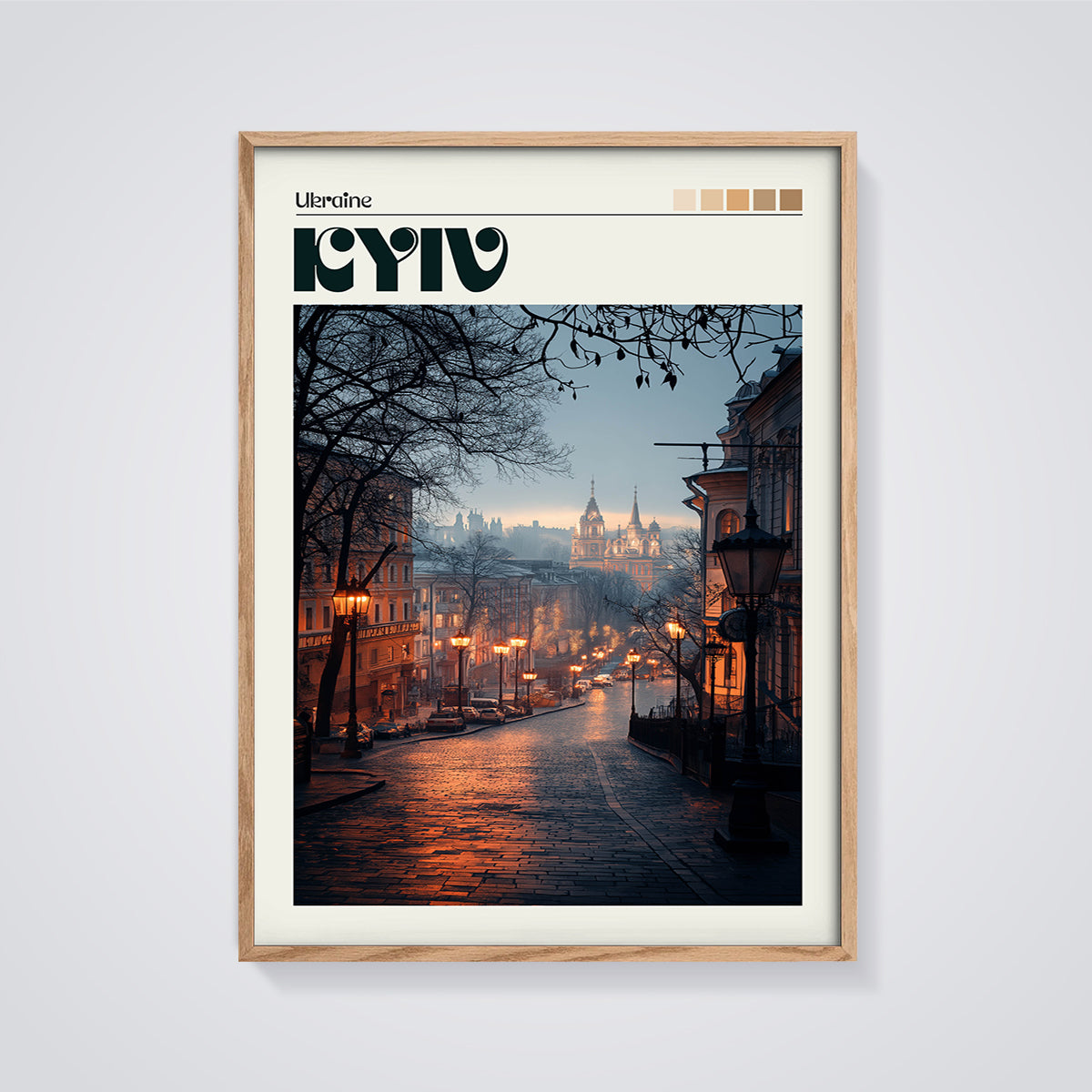 Kyiv Evening Street Print framed in oak on a grey background