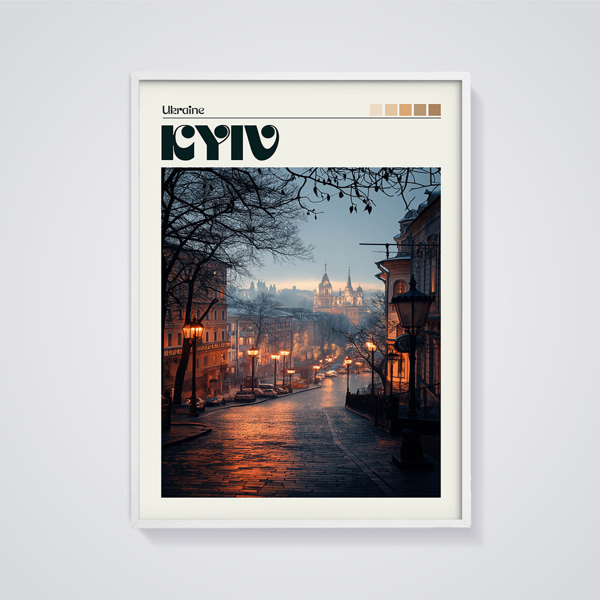 Kyiv Evening Street Print framed in white on a grey background