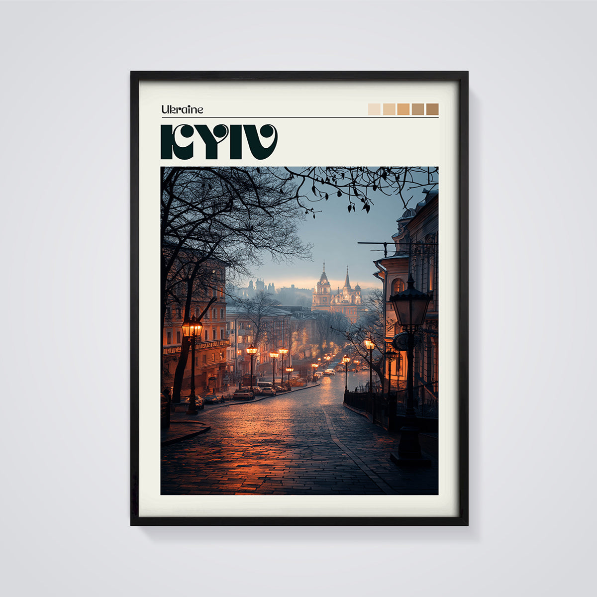 Kyiv Evening Street Print framed in black on a grey background