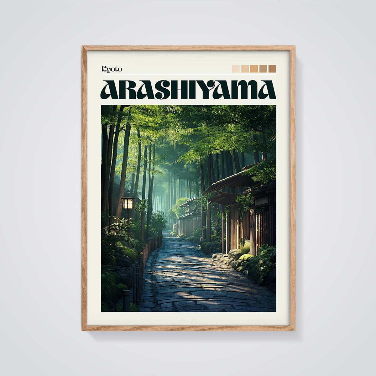 Kyoto Arashiyama Bamboo Path Print framed in oak on a grey background