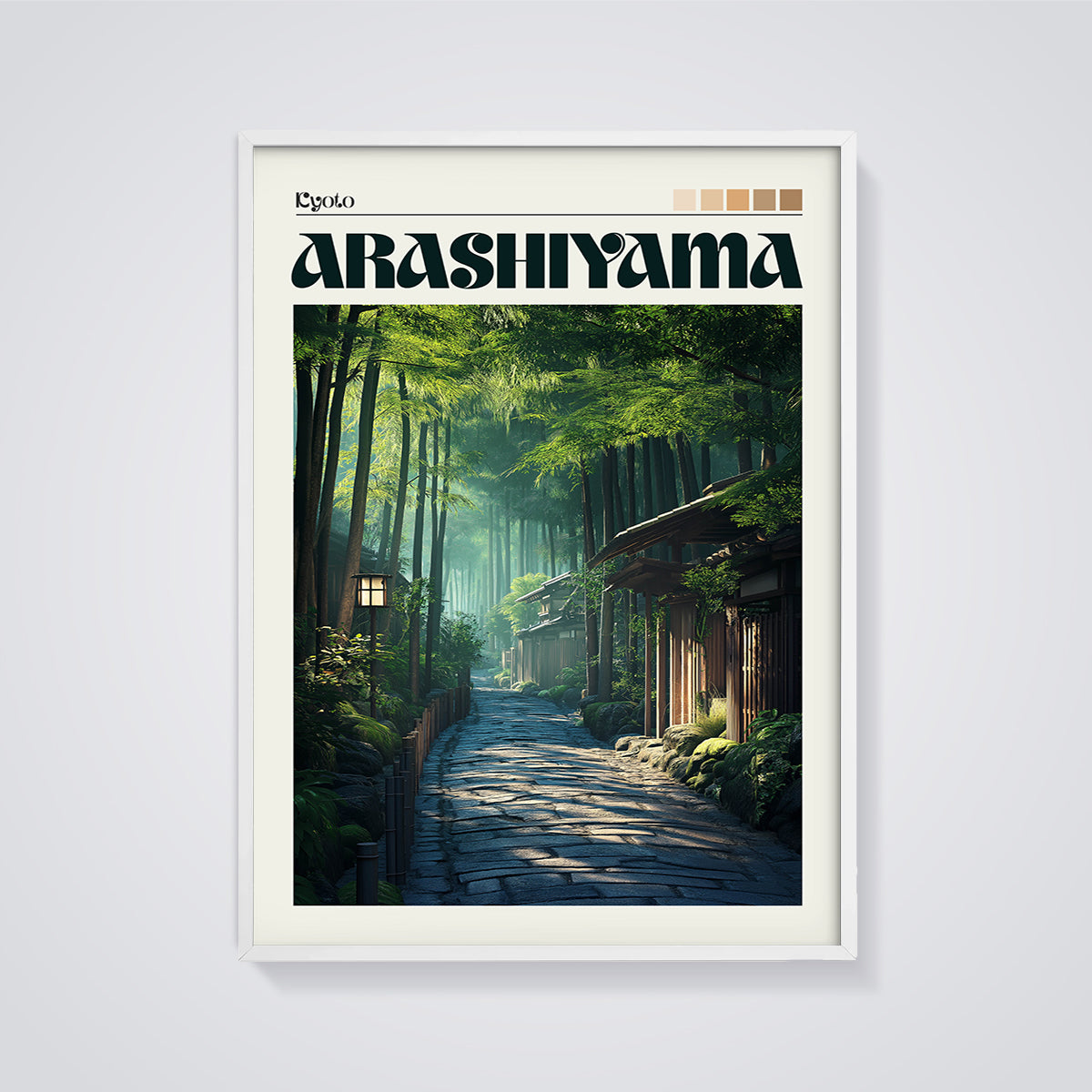 Kyoto Arashiyama Bamboo Path Print framed in white on a grey background