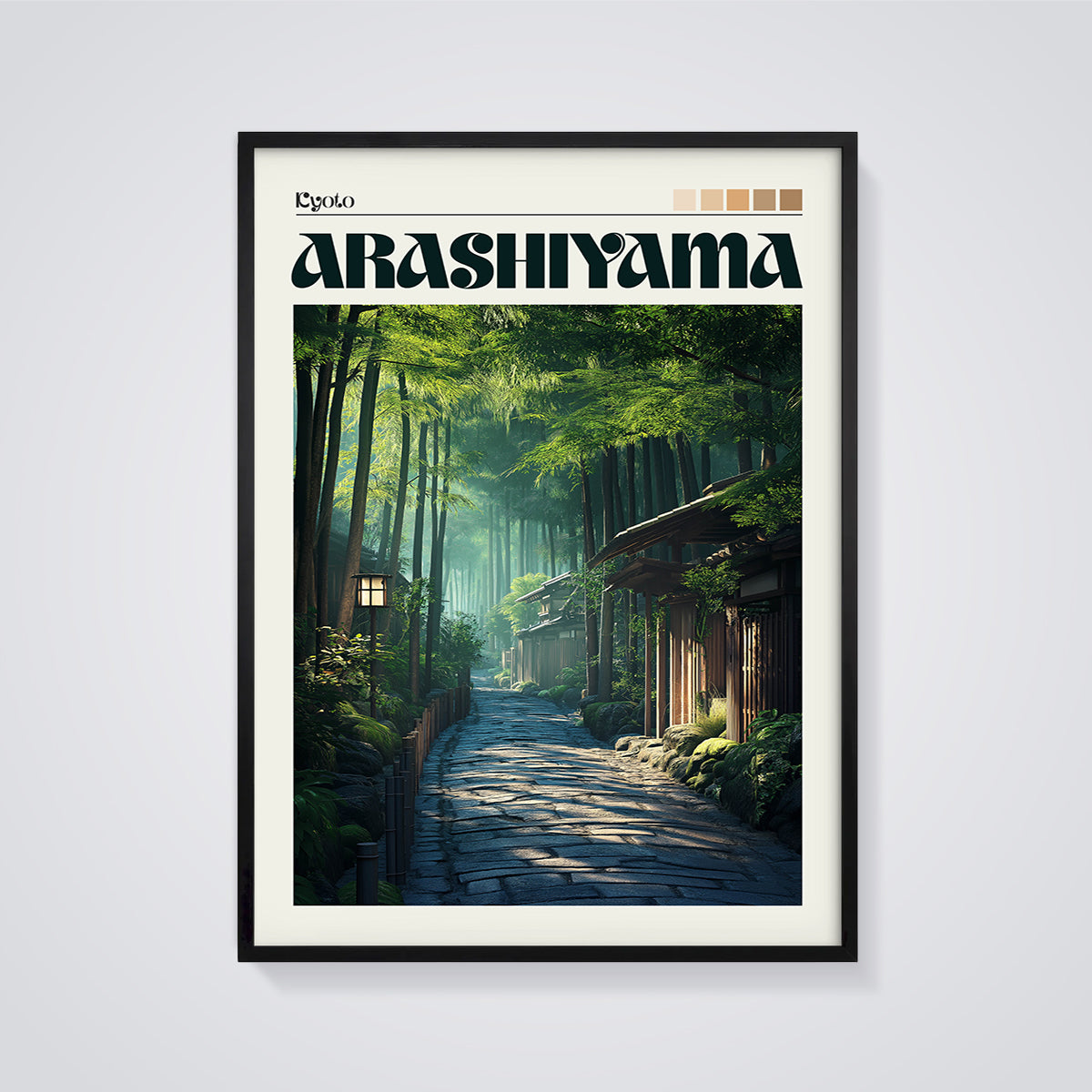Kyoto Arashiyama Bamboo Path Print framed in black on a grey background