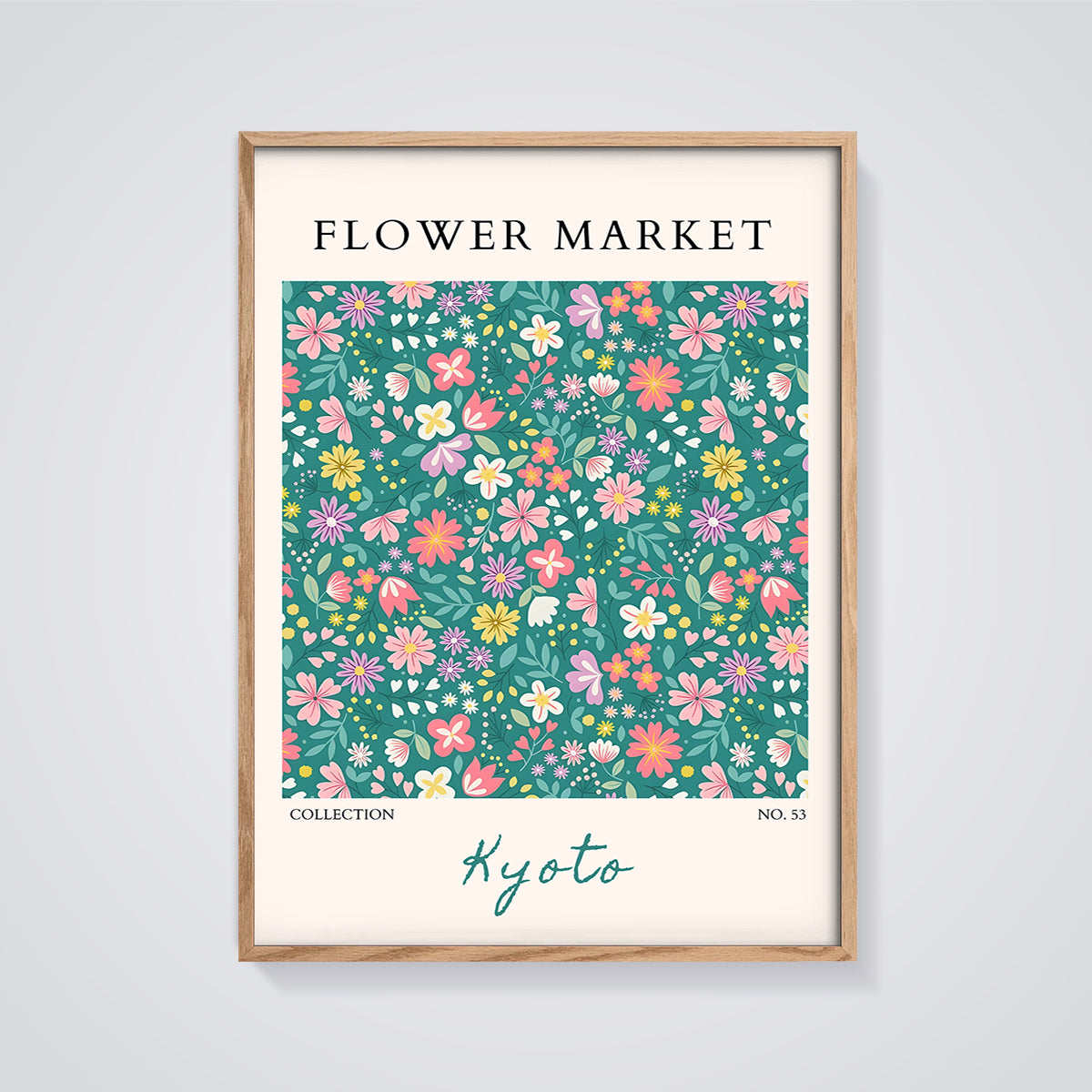 Kyoto Flower Market Print framed in oak on a grey background