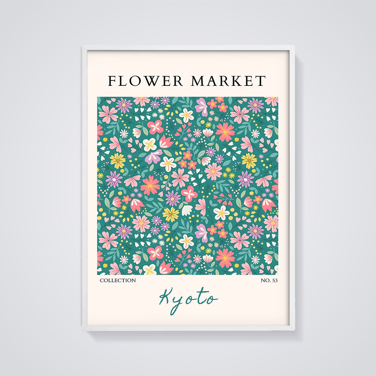 Kyoto Flower Market Print framed in white on a grey background