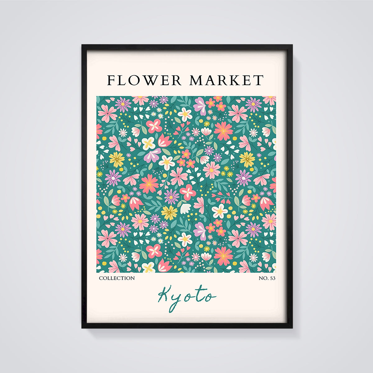 Kyoto Flower Market Print framed in black on a grey background
