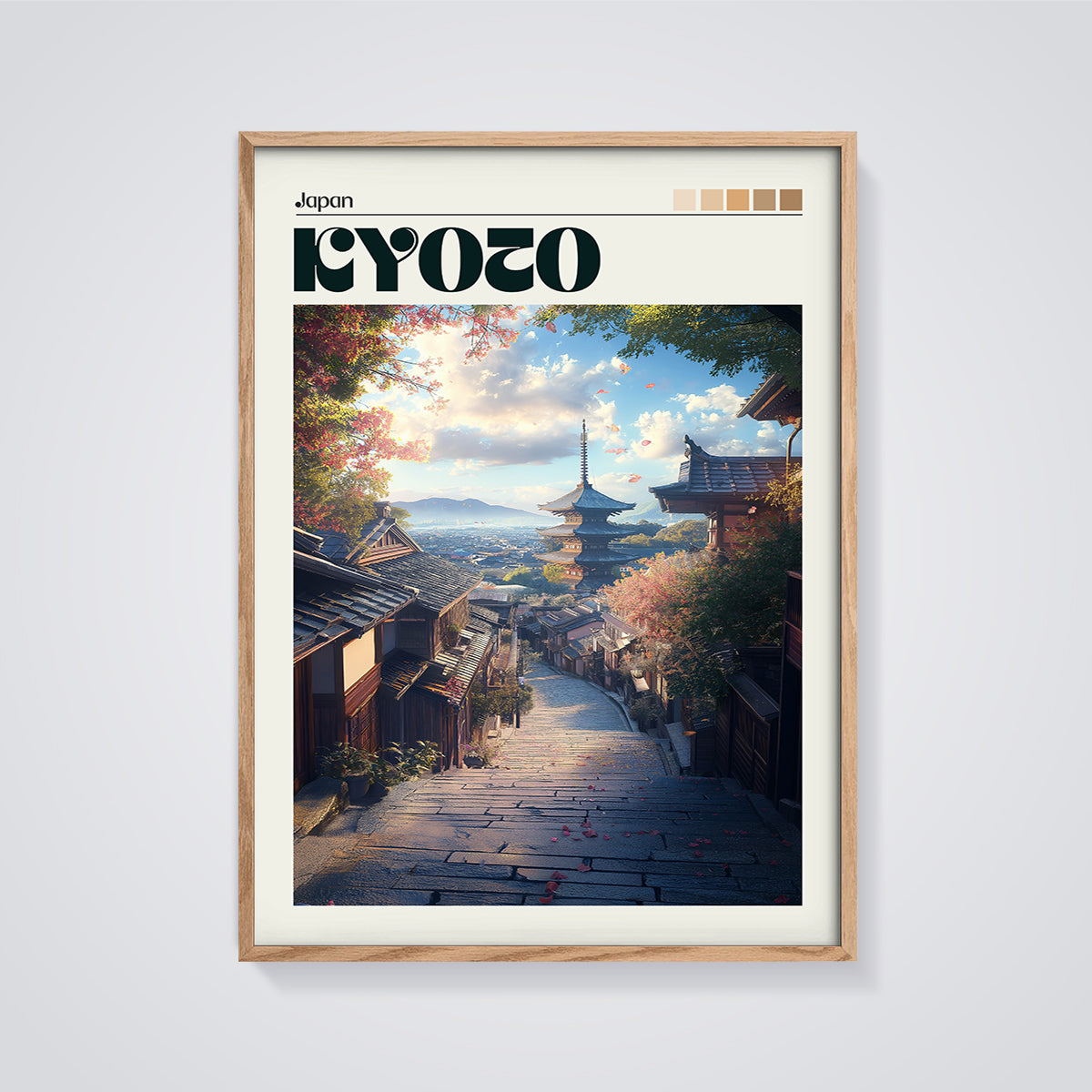 Kyoto Pagoda Street Print framed in oak on a grey background