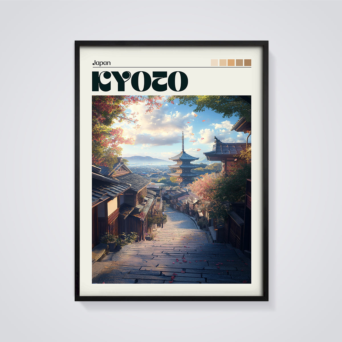 Kyoto Pagoda Street Print framed in black on a grey background