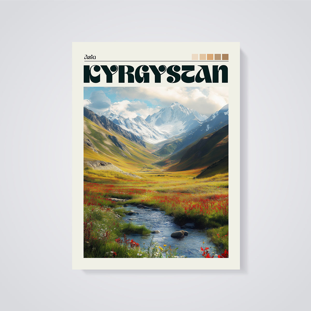Kyrgyzstan Mountain Valley Print unframed on a grey background