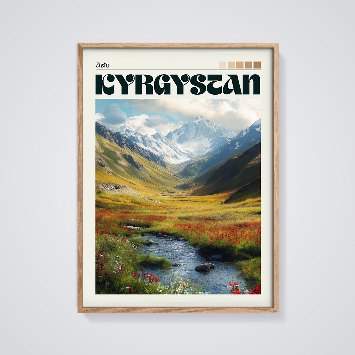 Kyrgyzstan Mountain Valley Print framed in oak on a grey background