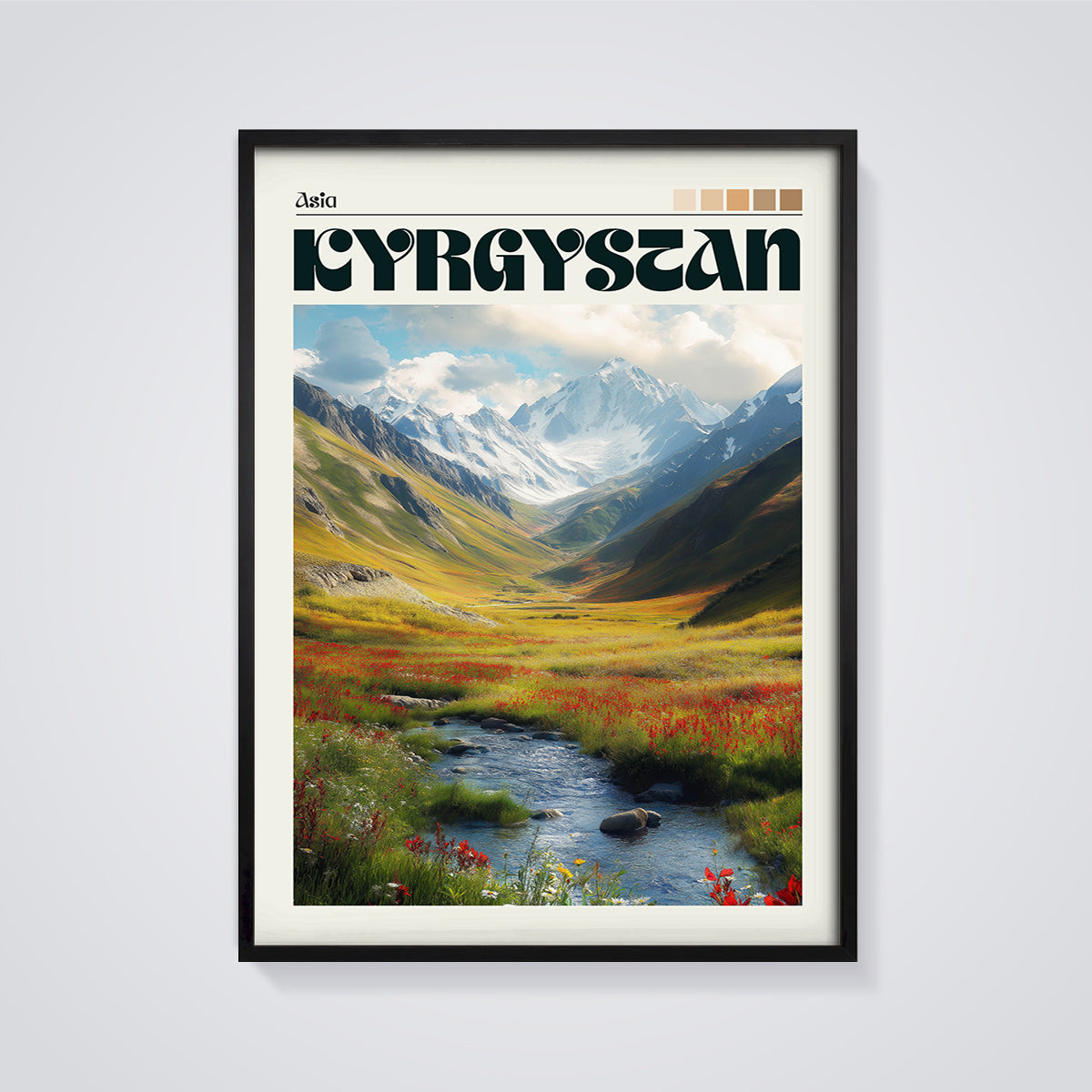 Kyrgyzstan Mountain Valley Print framed in black on a grey background