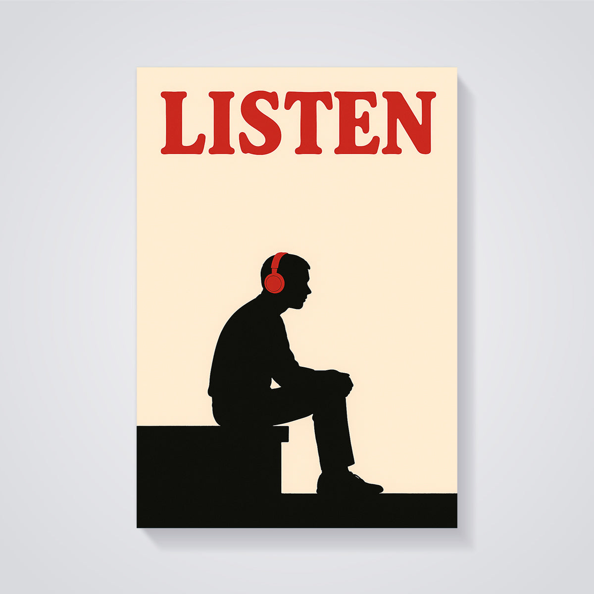 LISTEN Headphones Silhouette Print unframed on a grey background