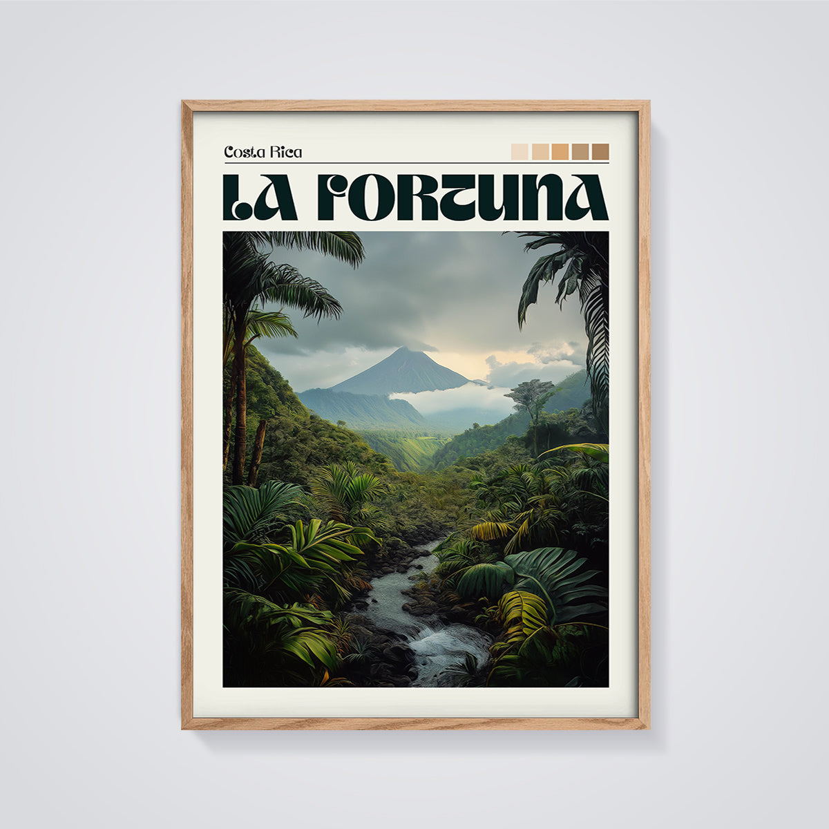 La Fortuna Costa Rica Volcano Print framed in oak on a grey background